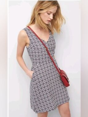 Gap Fit-And-Flare V-Neck Dress Linen Cotton Lining Navy/White/Red Size 0P NWT